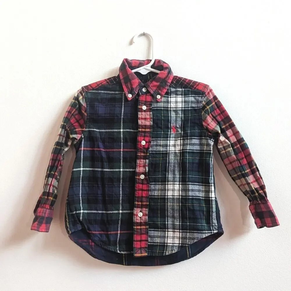 Ralph Lauren Mixed Plaid Button Down Shirt Boys 2T Collar Preppy Christmas Pony